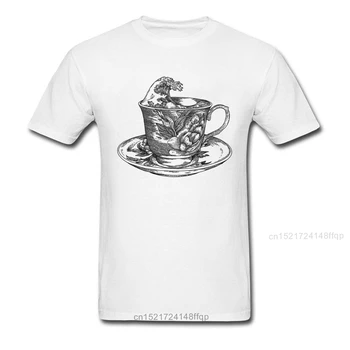2018 Klasičnih Skodelico Kave Tiskanja Moških Belega T-shirt je Stilsko Orientalski Val Design Moški Edinstveno Street Nositi Bombažne Majice s kratkimi rokavi