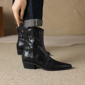 2023 Jeseni, pozimi Ženske škornji naravnih leather22-25 cm ovčje kože+iz svinjskega moderni čevlji nazaj zip konicami prstov zahodni čevlji