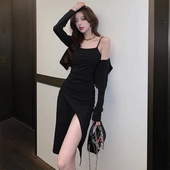 2023 Nova Jesenska Moda Trdna Midi Obleke za Ženske Dolgo Oplaščeni Kvadratnih Vratu Elegantna Urad Dama korejski Obleka Ženska Obleka
