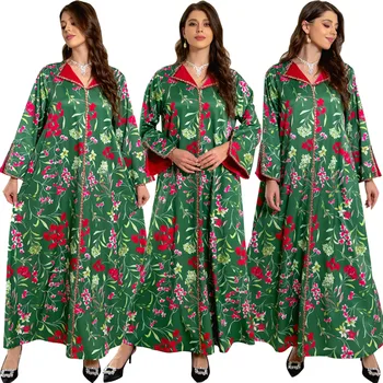 2024 Muslimanskih Print Maxi obleke za Ženske Ramadana arabski Femme Saten Diamanti Abaya Islamske Jalabiya Haljo Oblačila Maroški tam kaftan