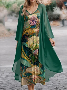 2024 Žensk Dva Kosa Zanko Obleka Komplet Obleko Šifon Obleko Modne Ulične Tiskanja Dolgo Obleko V Vratu Dolg Rokav Cvetlični Obleke
