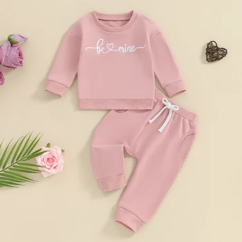 2Pcs Komplet za Malčke Baby Girl Obleke z Dolgimi Rokavi Crewneck Majica Joggers Hlače valentinovo Obleko Set