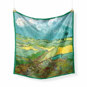 53 cm Van Gogh Oljna slika Wheatfield Oblak Keper 100% Svile Šal Ženske Kvadratnih Rute Šali Foulard Ruta Lase Šal Hidžab