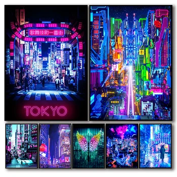 80. Neon Cyberpunk Mesta Noč Ulica Plakat Estetske Tokio, New York, Avto Platno Slikarstvo Plakat Za Wall Art Kawaii Soba Dekor