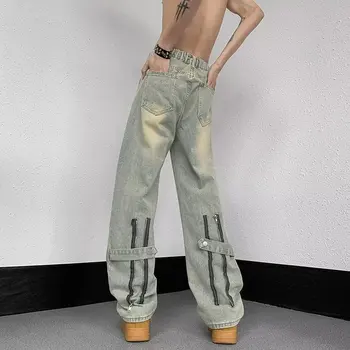 American high street zadrgo jeans Moške retro ogrlicom lep svoboden modni širok noge naravnost priložnostne hlače Y2K traper hlače