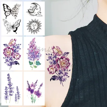 Barvita Dahlia Začasne Tetovaže Za Dekleta, Otroci, ki so Metulj, Luna Sonce Akvarel Sivke Ponaredek Tattoo Nalepke Telo Roko Tatoos DIY