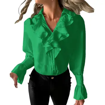 Bluzo Ženske 2023 Jesen Pomlad Majica V Vratu Ruffle Long Sleeve Solid Color Puff Rokav OL Odhaja Slog Lady Elegantno Bluzo
