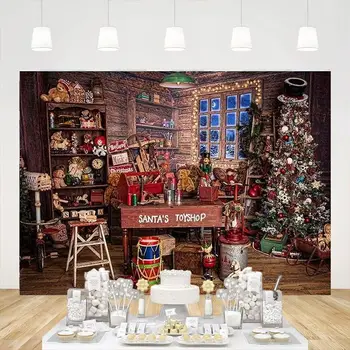 Božično Ozadje Santa ' Toy Shop Letnik Kmečki Leseni Hiši Sneg Noč Koči Darilo Fotografija Ozadje Rekvizitov, Okras