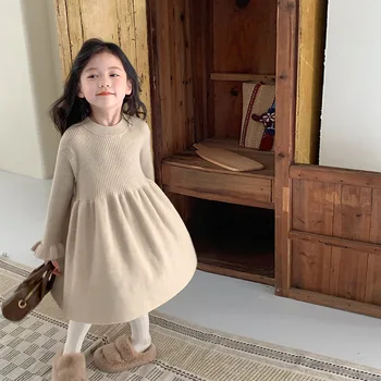 Dekle Obleko Nove Jesensko Zimske Korejski Modni Slog Trdna Pletena Volnena Obleka Baby Dekle Dolgo Krilo Dekleta Priložnostne Obleke Otrok Oblačila
