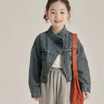 Deklice vrhnjih oblačil jesen 2023 otrok retro kratek denim vrhnja oblačila, vsestranski korejski vrh zimsko jakno dekleta plašč