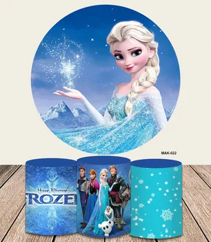 Disney Zamrznjene Tema Okrogle Luči Princesa Elsa Ana Dekleta Rojstni Krog Valj Ozadje Zimskega Ledu Sneg Pokriva
