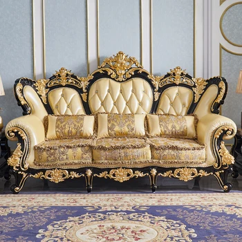 Evropski stil usnjeni kavč villa dnevna soba razkošje vse masivnega lesa izrezljane vrhnjo plast cowhide kombinacija