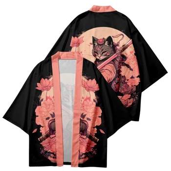 Harajuku Anime Haljo Oblačila Japonski Slog Mačka Samurai Kimono Ulične Moški Ženske Cardigan