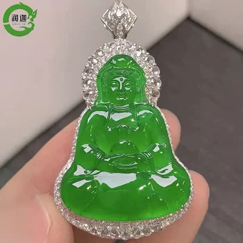 Ice-kot Avalokitesvara Obesek 18K Zlato, Vdelan Naravnih Mjanmar Jade