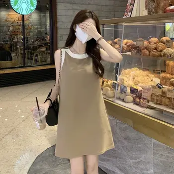 Korejski Brezrokavnik Obleka Ženske Poletje Tanek A-line Plesti Kratek Mini Obleka