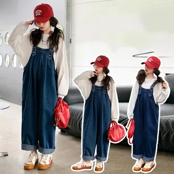 Korejski Pomlad Jesen Junior Dekle 2PCS Oblačila, ki Otroke Dekle z Dolgimi Rokav Vrhovi+Denim Splošno Naravnost Hlače Set Za Dekleta