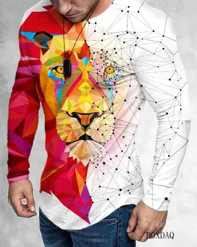 Lev Abstraktni Vzorec za Moške majice Pomlad Jesen Dolg Rokav Ulica 3D Živali Tiskanja Cotton Tee Moški 6XL Plus Velikost Priložnostne Vrhovi