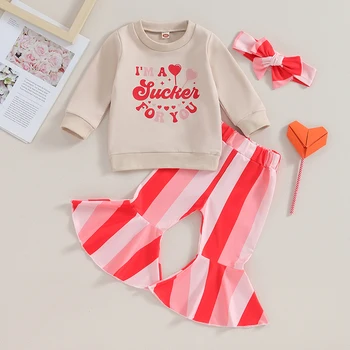 Malčka Baby Dekle 3PCS Obleke z Dolgimi Rokavi Romper Vrhovi Srce Pismo Flare Hlače za Valentinovo Oblačila