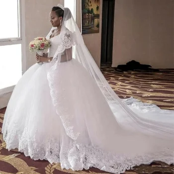 Moda Afriške Žogo Obleke Poročne obleke Proti-vrat brez Rokavov Čipke Appliqued po Meri Izdelane Poročne Obleke