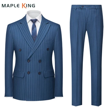Moške Poročne Obleke, Visoke Kakovosti Blazer+hlače Elegantno Modro Črtasto Dvojno Zapenjanje Formalnih Poslovnih Gospod Slim Kostum Homme 5XL