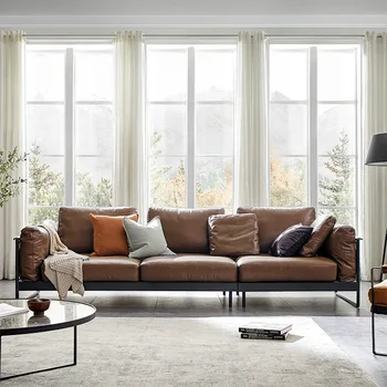 Nordijska industrijske slog, dnevna soba s tremi sedeži, vrhnjo plast cowhide, sodobno razkošje svetlobe navzdol usnjeni kavč, preprosta italijanska l