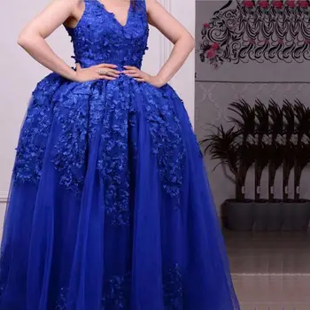 Nov Prihod V Vratu Kraljevsko Modra Caftan Dubaj Večerne obleke Abendkleider Čipke Cvet Appliques Večer halje za ženske