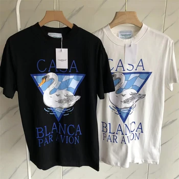 Novo 23SS Casablanca T-Shirt Moški Ženske Vrh Kakovosti Swan Trikotnik Natisniti Moda Tee Črno Beli Z Oznako Goth