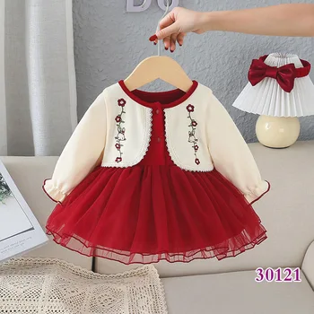 Novo Jeseni Leta 2023 Otroci Boutique Oblačila Baby Girl Oblačenja Moda Ponaredek Dveh Kosov Rojstni Dan Obleko Jopico Cvjetnim Natisne Emboidered