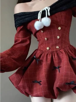 Novo Leto Sladka Božična Obleka Ženske Off Ramenski Seksi Lok Kawaii Obleke Famale Korejski Moda Kariran Športna Oblačila 2024 Pozimi