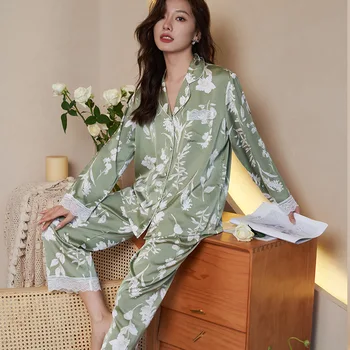 Pižamo žensk led zelena svila čipke phoenix rep dva kosa doma obleko svileno pižamo za ženske ملابس مثيرة للجنس للعنف