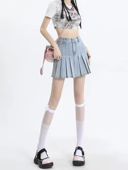 Poletje 2023 Y2k Denim Naguban Mini Krila Trdna Priložnostne Ženska Moda Korejskem Slogu Visoko Pasu Krilo