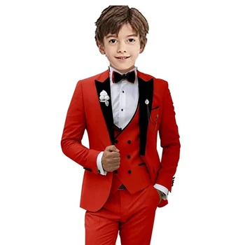 Rdeča Elegantno Otrok Poročno Obleko za Otroke 2023 Uspešnosti Fant 3 Kos Obleko Dosegla vrhunec River Jakna Telovnik, Hlače Otroci Nov Slog