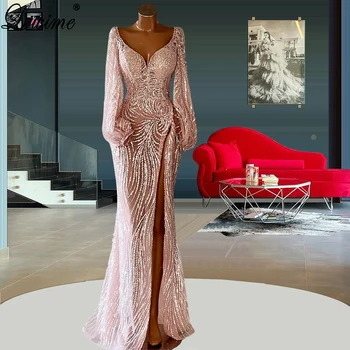 Rdečilo Za Lica Pink Sparkly Prom Obleke 2022 Dolge Rokave Formalno Večerne Obleke Za Poroko Vestidos De Mujer Skromnega Sodelovanja Oblek