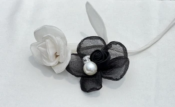 Ročno Črni in Beli barvi Marelice Organza s Pearl Čipke Cvet DIY Oblačila Okraski za Čevlje in Klobuke Odlikovanja