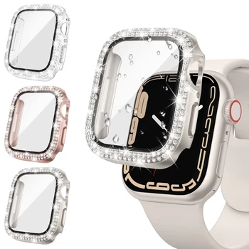 Steklo+Diamond Cover Za Apple watch primeru, 40 mm 44 41mm 45 mm 38 mm 42mm Bling Odbijača Zaščitnik iWatch series 9 3 5 6 7 8 mp primeru
