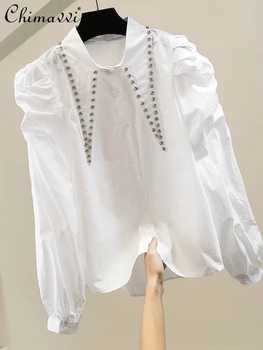 Težka Priročnik Beaded Diamond Opozoril Ovratnik Shirt Moda Naguban Puff Rokav Svoboden Elegantno žensko Bluzo Vrh 2024 Pomlad