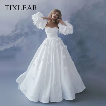 TIXLEAR A-line Poroko Dresss 3D Cvetje Snemljiv Puff Rokavi Ljubica Čipke Nazaj Dolžina Tal Poročne Obleke Haljo Mariée