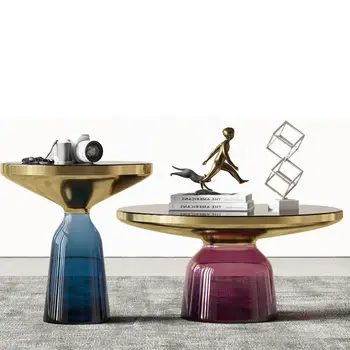 Tovarniško Sodobnih luksuznih okrogle kovinske strani in barvne kaljeno steklo osnove center čaj, kava miza za dnevno sobo