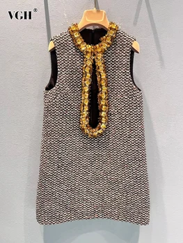 VGH Mozaik Diamanti Priložnostne Pletenje, Obleke Za Ženske okoli Vratu Sleevless Visoko Pasu Hit Barve, Elegantno Linijo Obleka Ženske