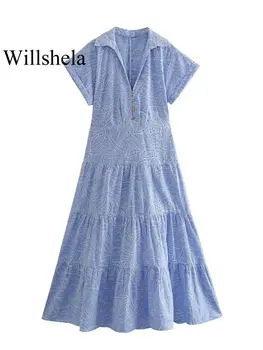 Willshela Ženske Modni Modri Vezenje Beloprsi Singl Midi Dress Vintage River Vratu Kratkimi Rokavi Ženske Elegancija Obleke Lady
