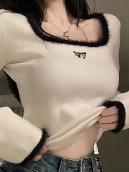 Y2K T-Majice Ženske Hotsweet Long Sleeve Zgornji del Ženske korejski Moda Kvadratnih Ovratnik Tee Ženske Jeseni Priložnostne Mehko Slim Majica s kratkimi rokavi