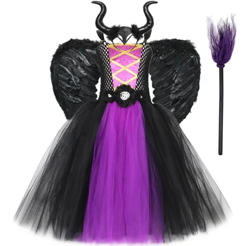 Čarovnice Halloween Kostumi za Otroke Carnival Party Obleke Malefice mačehe Cosplay Obleke Črna Vijolična Dekleta Fancy Obleko Tutu