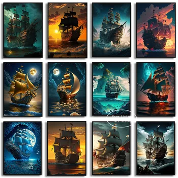 Črn Pirat Ladje Platno Slikarstvo Letnik Jadrnica Na Morju Vihar Lobanje Seascape Čoln Luna Poster Tiskanje Wall Art Sobi Doma Dekor