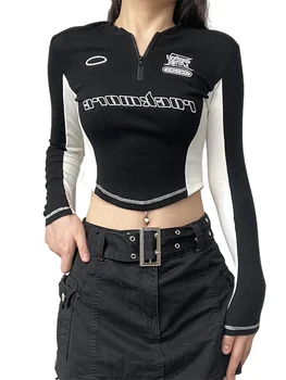 Ženske s Grunge T-Shirt Pismo Vzorec Long Sleeve Quarter Zadrgo Ovratnik Slim Odrezana Estetske Graphic Tee