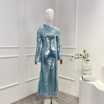 2023 prišlekov Svetlo Modra Sije Sequins Midi Obleko za Stranko Vrh Kakovosti Elegantna Bodycon Poševno Ramo Ženske Oblačila