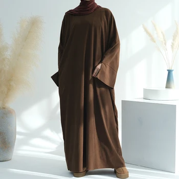 Jeseni Velvet Abaya Svoboden Pozimi Toplo Muslimansko Obleko Ženske Režejo Lisice Strani Žepi Islamska Oblačila, Casual Skromno Haljo Ramadana